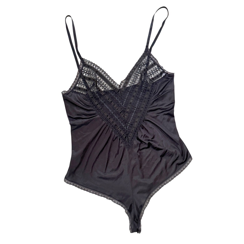 Vintage Flair Teddy Bodysuit Lingerie‎ Large Black Nylon Lace Trim Made in USA